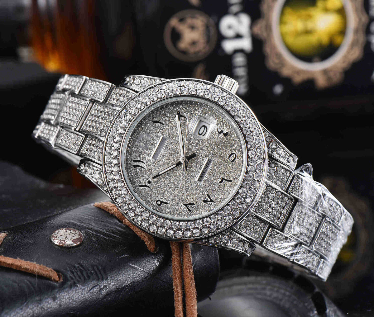 Mens All-Diamond Stainless Steel Quartz Watch
