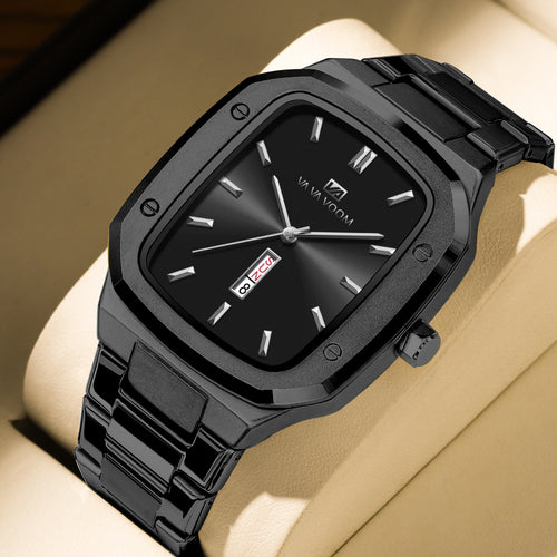 Business Rectangular Creative Dual-Date Steel-Strap Mens Watch