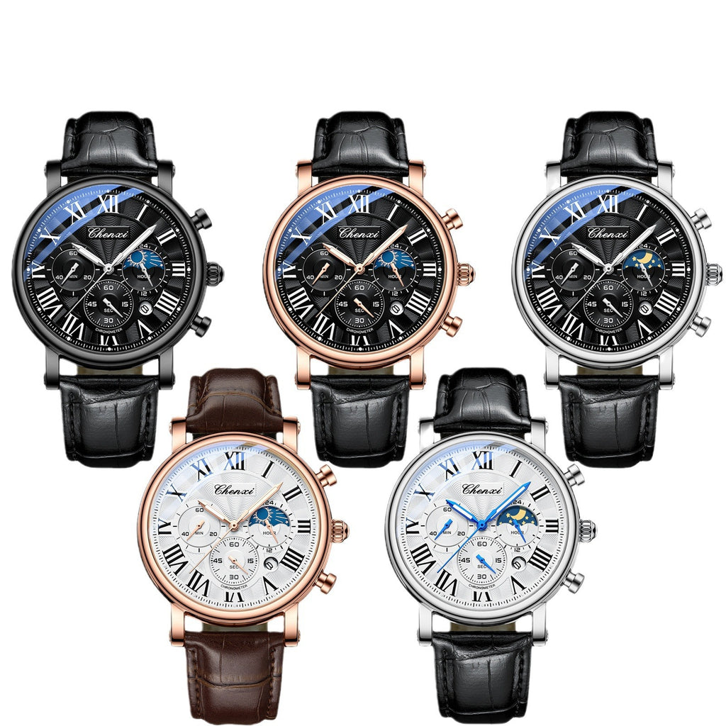 Multifunctional Mens Business Moon Phase Calendar Waterproof Watch